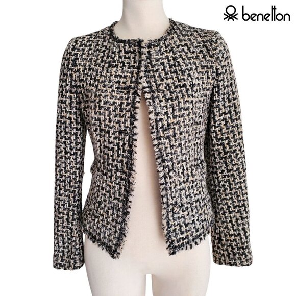 Boucle Tweed Jacket Clueless Chic Preppy Posh Academia Frayed Trim Cropped XS - Picture 1 of 16